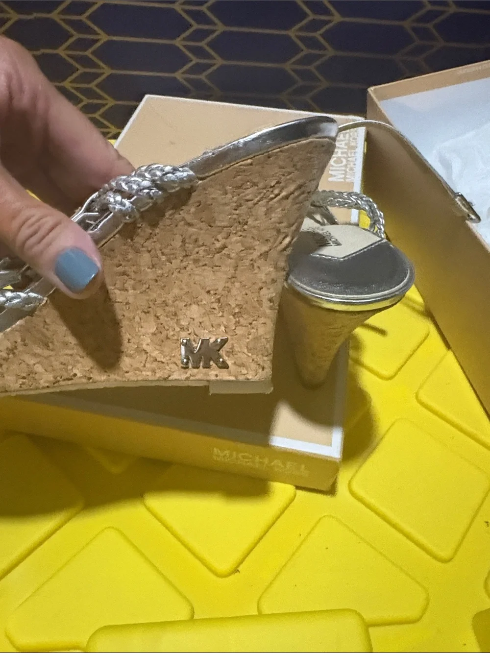 MICHAEL Michael Kors Silver Braided Strap Cork Wedge Sandals